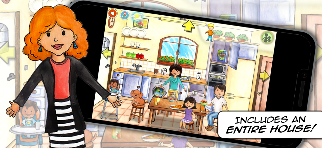 My PlayHome Plus의 만화 가족과 애완동물이 등장하는 디지털 인형의 집 주방 장면
