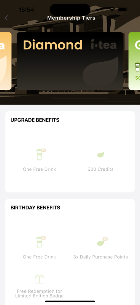 itea app membership tiers screen showing diamond level upgrade and birthday benefits