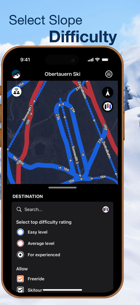Obertauern - Interface of the Obertauern Ski app showing the slope difficulty selection screen and a map of ski runs in the Austrian Alps.