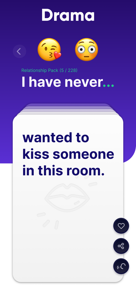 Never Ever: Dirty & Evil - Never Ever party game Drama pack card asking about wanting to kiss someone in the room