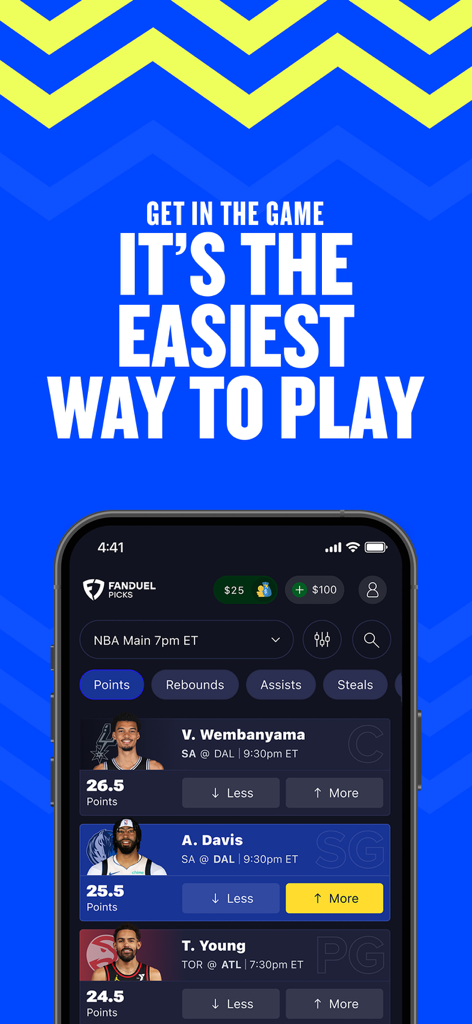 Schermata dell'app mobile FanDuel Picks che mostra le statistiche dei giocatori NBA e pulsanti di selezione più o meno