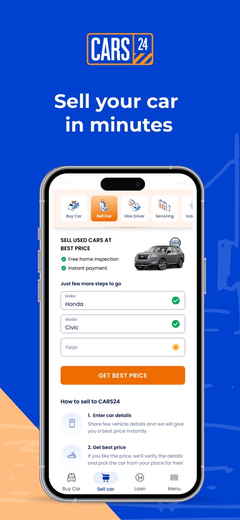 CARS24 UAE: Used cars, Drivers - Mobile app interface for selling a used car on CARS24 UAE showing vehicle details form