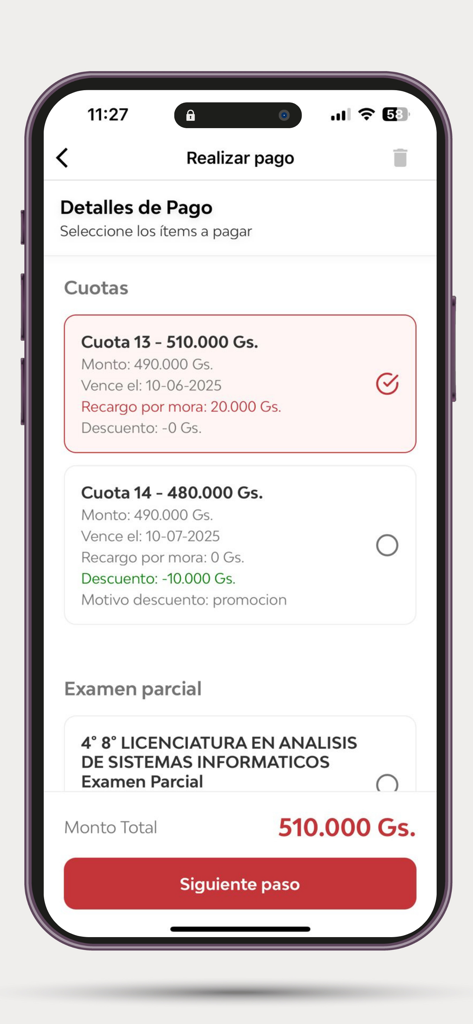 UNAE APP - UNAE app payment screen showing tuition installments and exam fees.