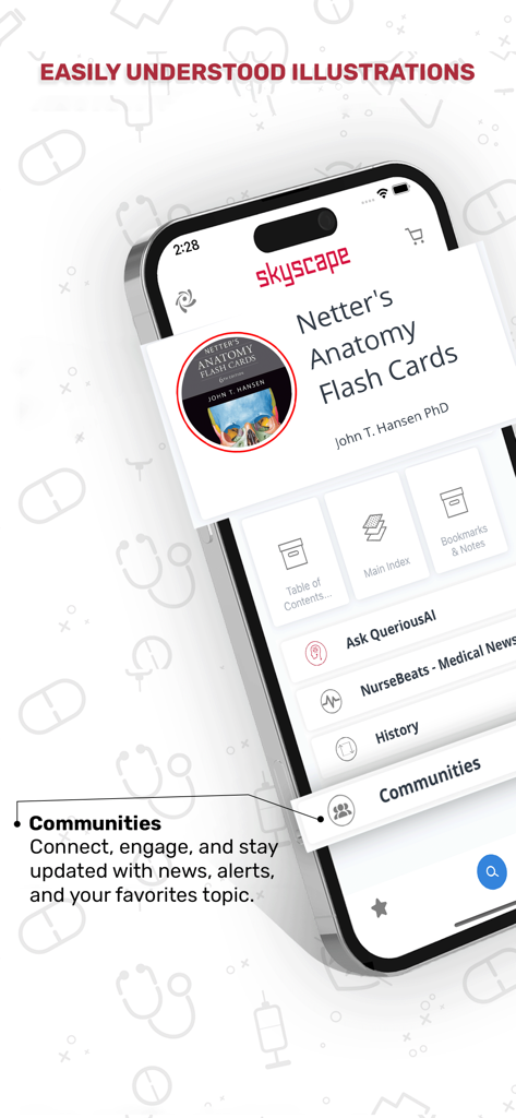 Netters Anatomy Flash Cards - A smartphone screen displaying the Netter Anatomy Flash Cards app interface including table of contents index and community features