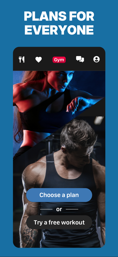 Gym Workout Planner - Gym Plan - Ecrã da app Gym Workout Planner intitulado Planos Para Todos com opções para escolher um plano ou experimentar um treino gratuito
