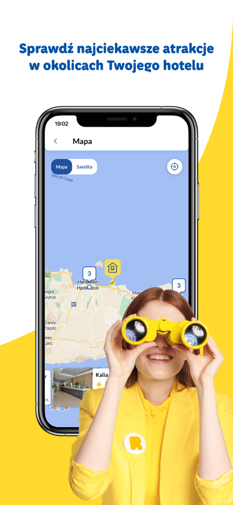 Rainbow: Wakacje & Wycieczki - A woman with yellow binoculars looking at a smartphone screen showing a travel map of local attractions in Crete Greece