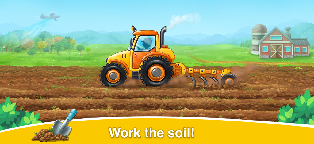 Farm car games: Tractor, truck - Tractor amarillo arando la tierra en una granja de dibujos animados