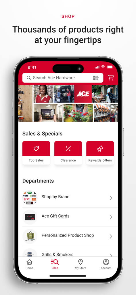 Ace Hardware - Ace Hardware mobile app shop screen showing sales specials and product departments