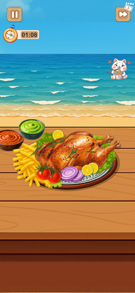 Crazy Kitchen Set Cooking ASMR - Pollo asado con papas fritas y salsas servido sobre un fondo de playa.