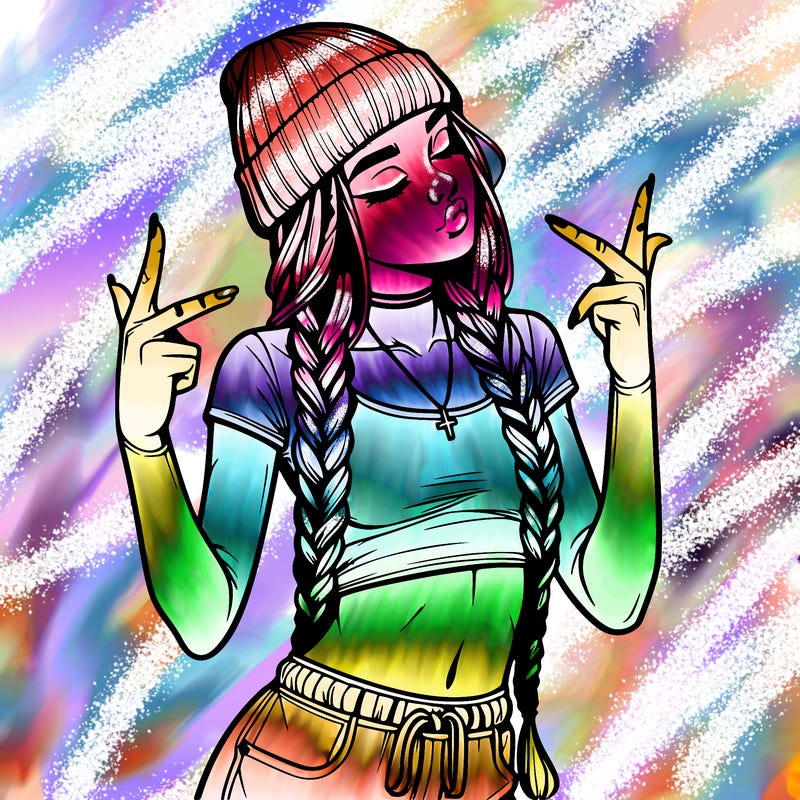 realistic teenage girl with braids and a beanie and crop top doing 🫶🏼