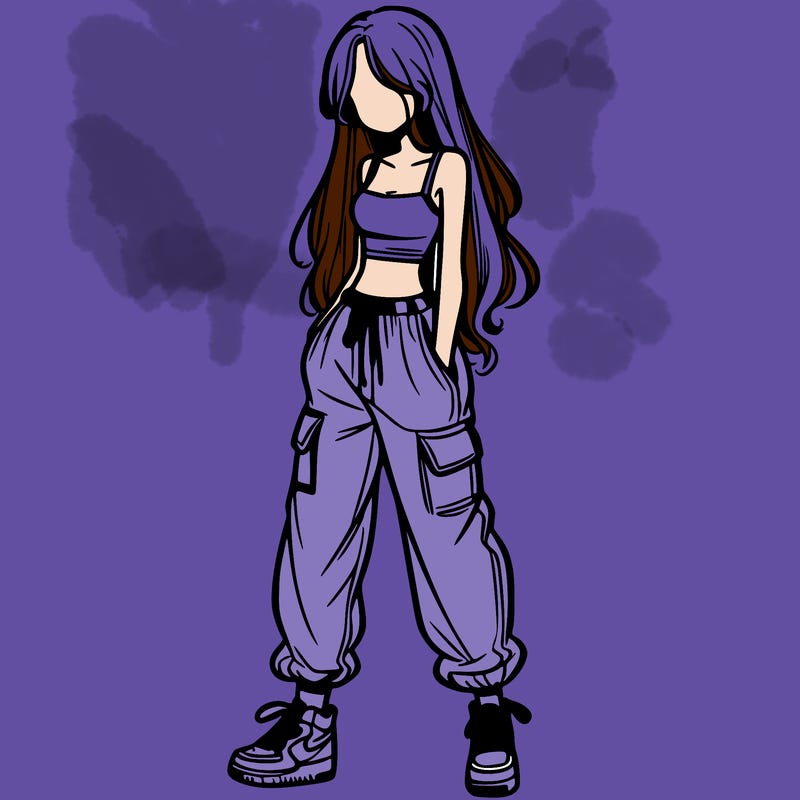 girl in baggy pants crop top and long hair