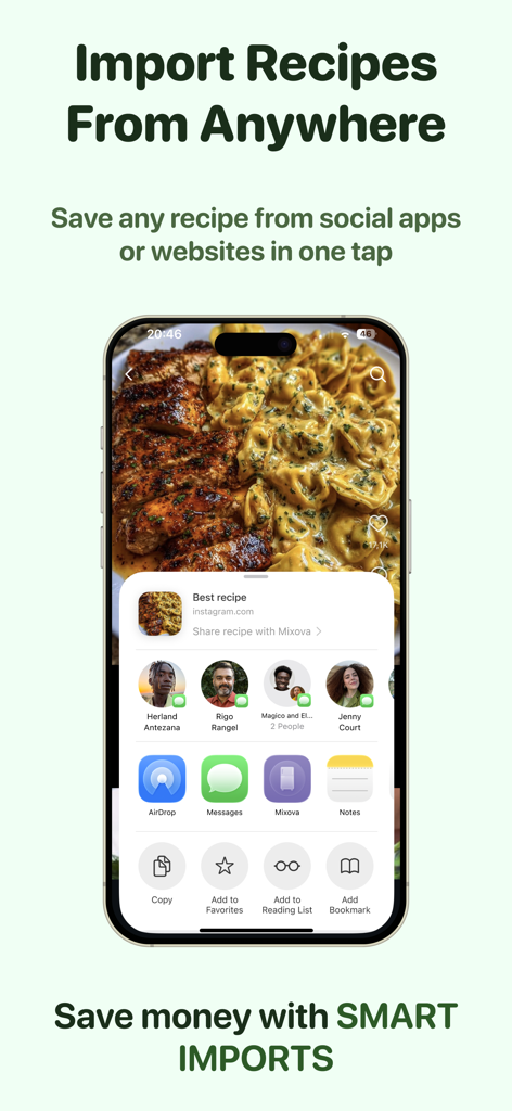 Mixova app interface demonstrating how to import recipes from social media platforms like Instagram