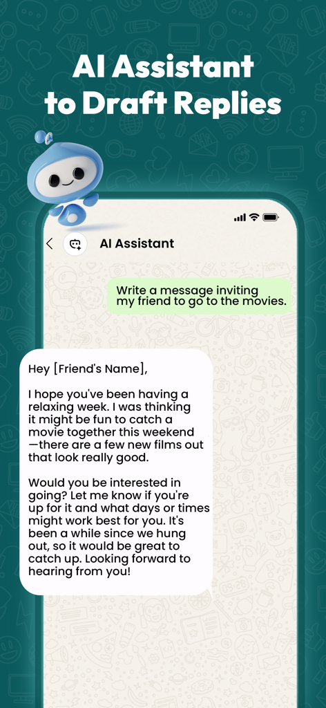 Smartphone screen showing an AI assistant drafting a WhatsApp message inviting a friend to the movies
