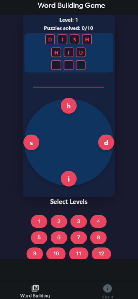 Word Building Game: Word Maker - Gameplay interface of Word Building Game showing a letter circle and puzzle levels.
