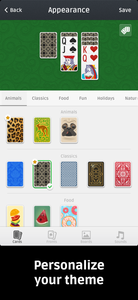 Solitaire ▪ - Personalization screen in Solitaire showing different card back designs like animal prints and classic patterns.