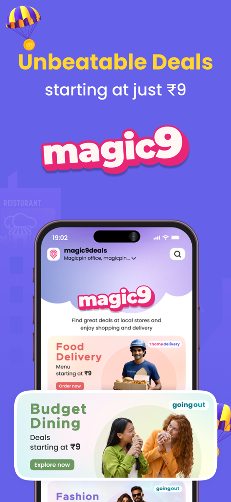 magicpin:Food|Fashion|Delivery - 9ルピーからのフードデリバリーと格安ダイニングの特典を表示するmagicpinアプリの画面