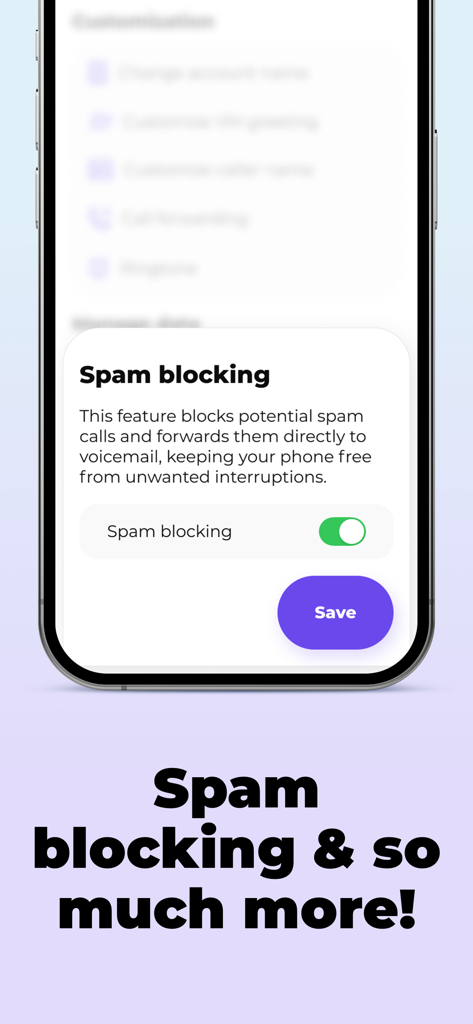 SLYNUMBER mobile app interface showing the spam blocking settings toggle switch