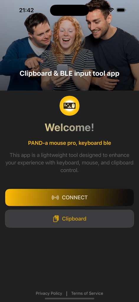 Welcome screen of the PAND-a mouse pro and keyboard BLE app featuring connect and clipboard buttons.
