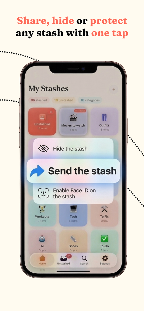 Stash Anything: Save & Sort - Stash Anything app interface showing a menu to share hide or protect collections using Face ID