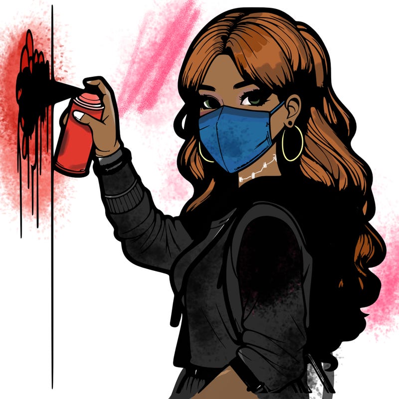 realistic girl with mask spray painting a wall