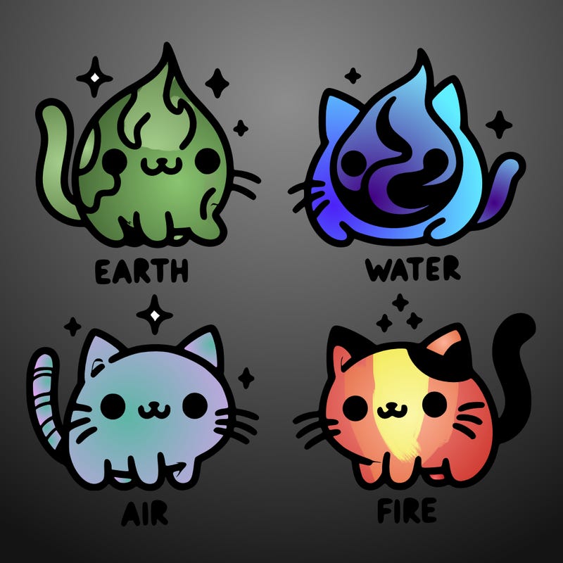 4 cats that represent the different elements, earth, water, air, and fire