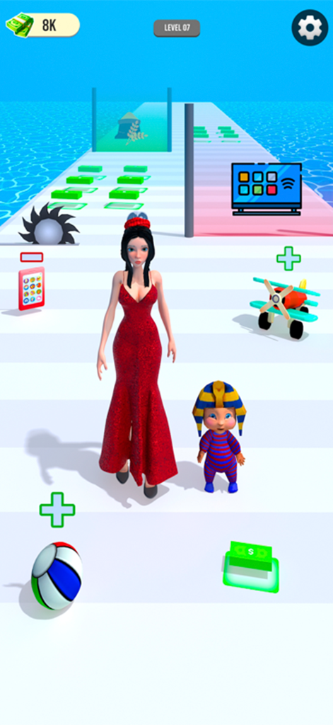 Good and Bad Mom Run - A woman in a red dress walking with a child in a hyper casual runner game.
