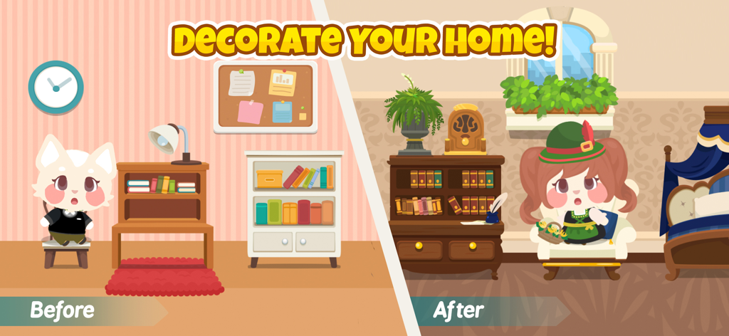 Before and after comparison of home decoration in Happy Pet Story