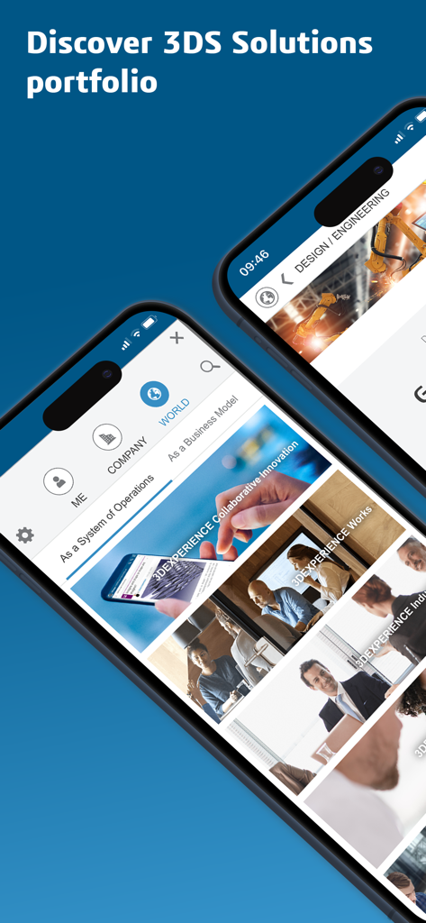 3DSwym - 3DSwymモバイルアプリのインターフェイスで、3DSソリューションポートフォリオを表示