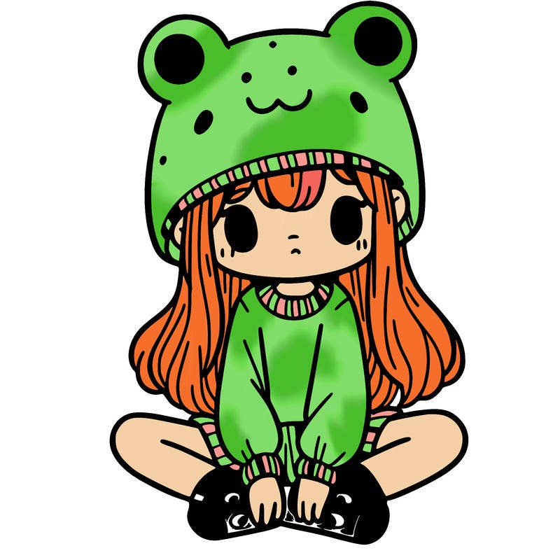 a girl wearing a frog hat and some frog socks