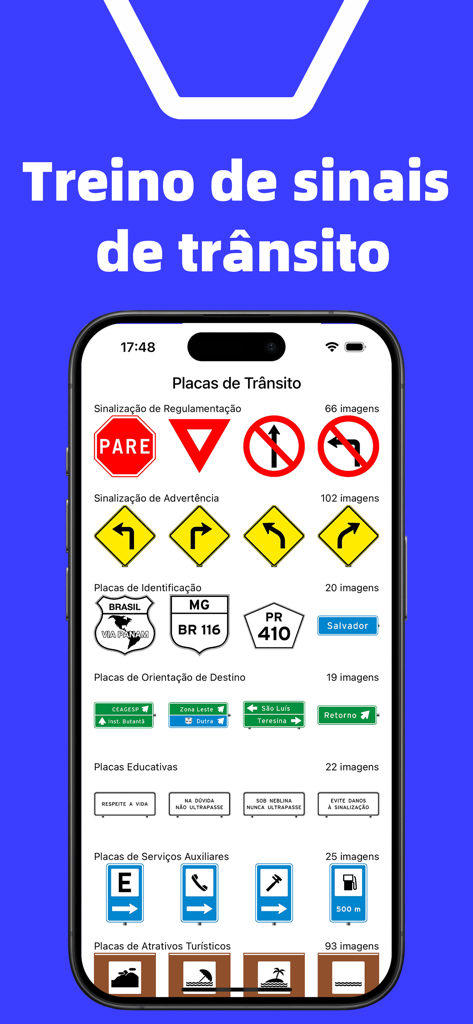 Simulado Detran CNH Prova 2026 - Tela de aplicativo móvel exibindo várias categorias de placas de trânsito brasileiras para prática de exame de direção