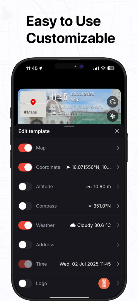 Timestamp: Time stamp Camera - Interface of the Timestamp camera app showing customizable options to add maps, coordinates, weather, and time stamps to photos.