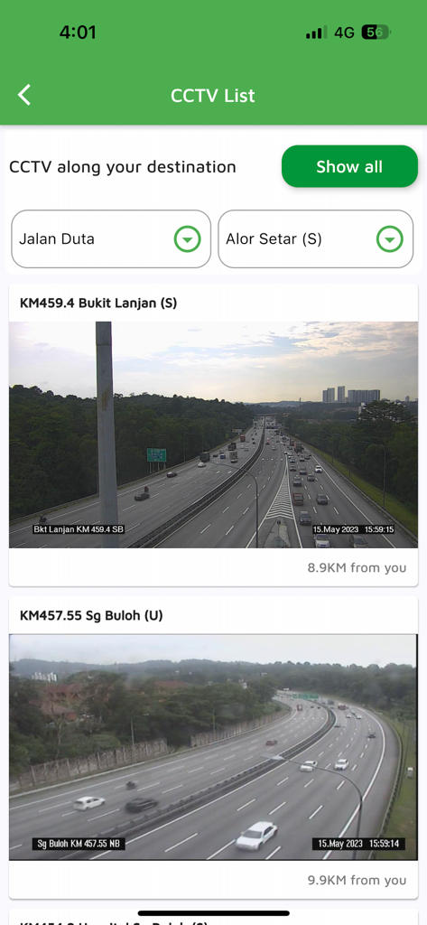PLUS App (Official) - Interfaz de la App PLUS que muestra una lista de cámaras de tráfico CCTV en vivo en las autopistas de Malasia