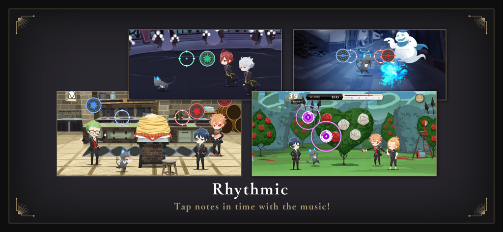 Disney Twisted-Wonderland - Personaggi chibi in diverse scene di gioco di ritmo chiamate Rhythmic dall'app Disney Twisted-Wonderland