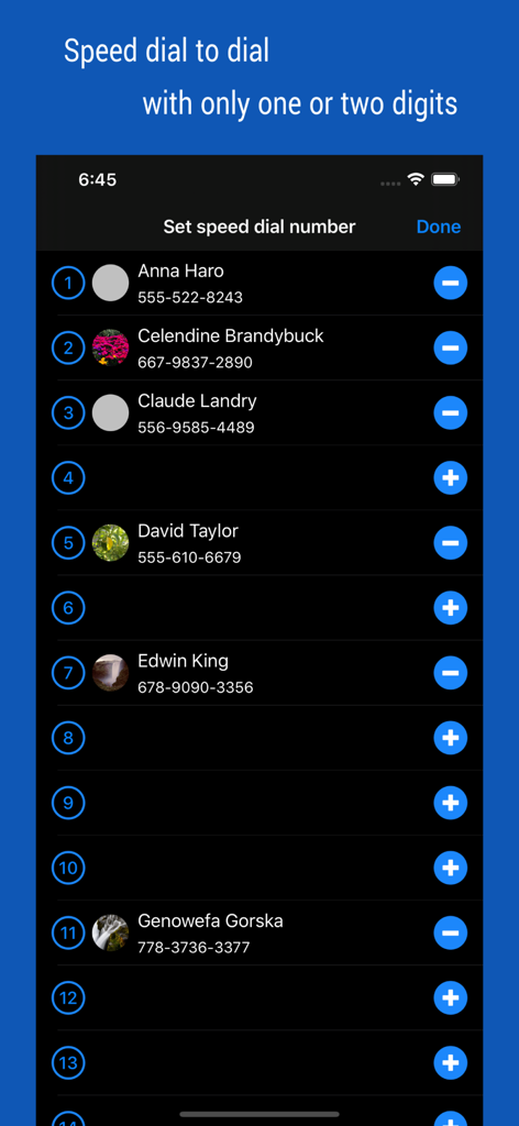 A screen in the iContacts plus app showing a list of contacts assigned to speed dial numbers for quick calling.