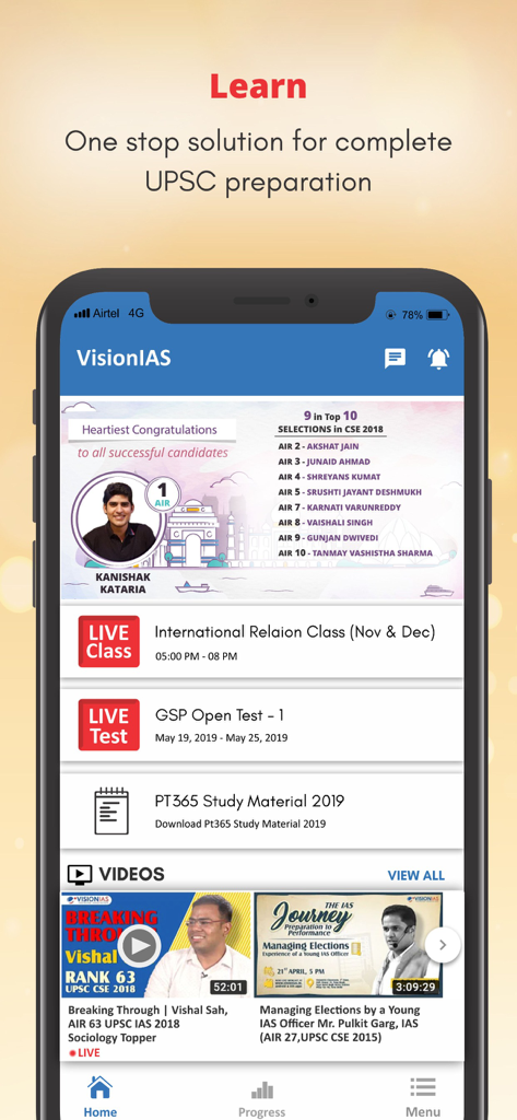 Vision IAS app home screen showing UPSC exam study materials and live classes