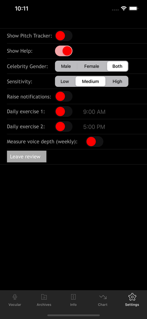 Vocular - Vocular app settings screen showing options for voice tracking and exercise reminders