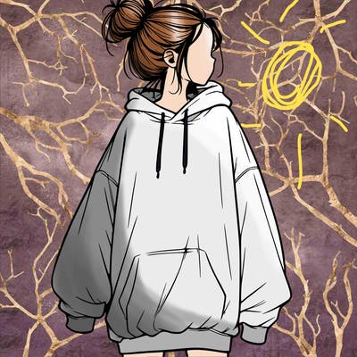 realistic girl with a oversized sweatshirt on and a bun