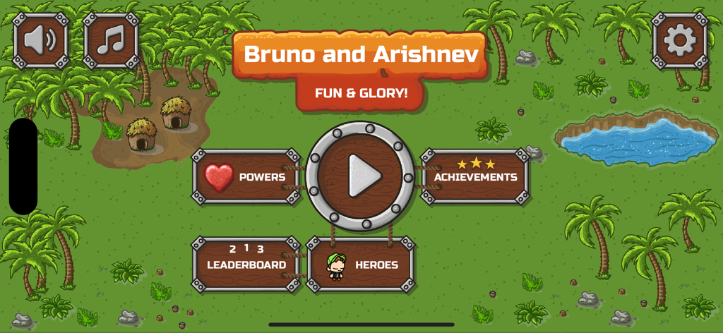Bruno And Arishnev - Main menu screen of the Bruno and Arishnev mobile game featuring a play button and tropical island background