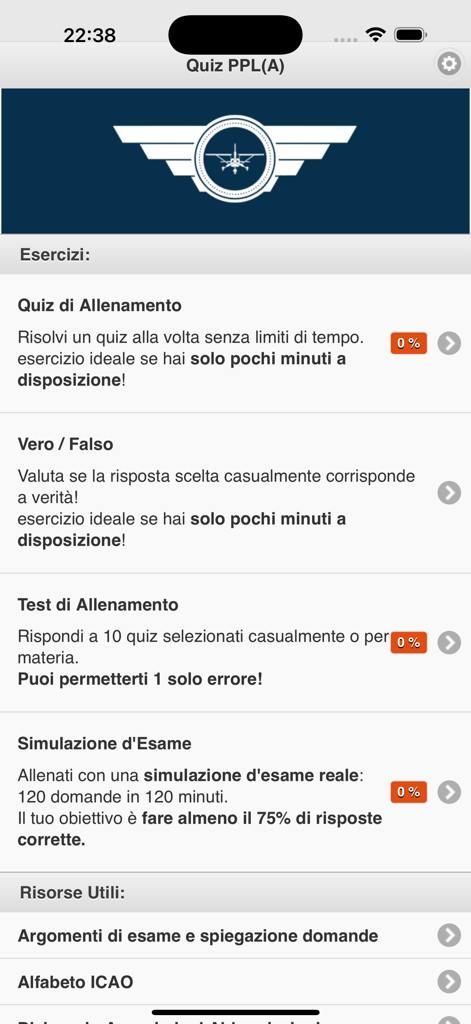 Menu principale dell'app Quiz PPL(A) che mostra opzioni di addestramento e simulazioni d'esame per aspiranti piloti