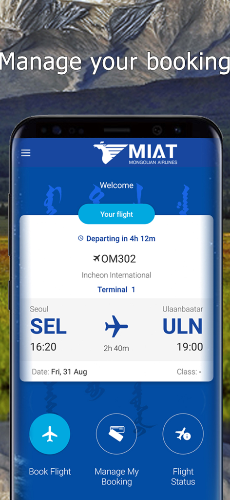 MIAT Mongolian Airlines mobile app interface showing flight details and booking options