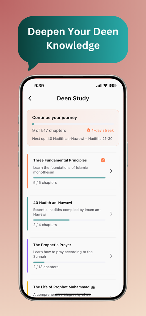 Deen Study screen in the Tasleem app showing progress tracking and Islamic learning modules like Hadith and the Prophets prayer