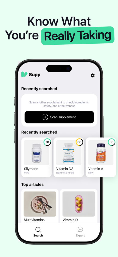 Interface of the Supp app showing the supplement scanner button and ratings for recently searched vitamins like Silymarin and Vitamin D3