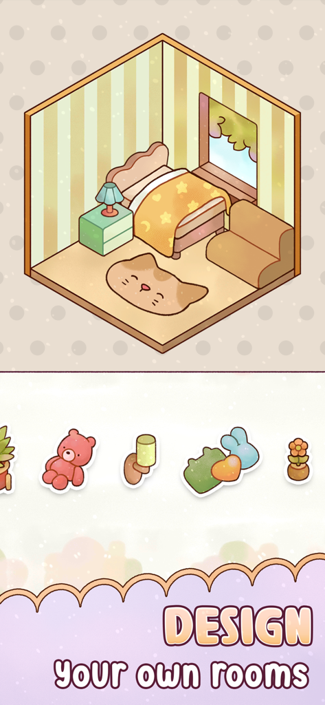 My Cozy Life - Vista isometrica di una camera da letto pastello con un tappeto a forma di gatto e oggetti di design