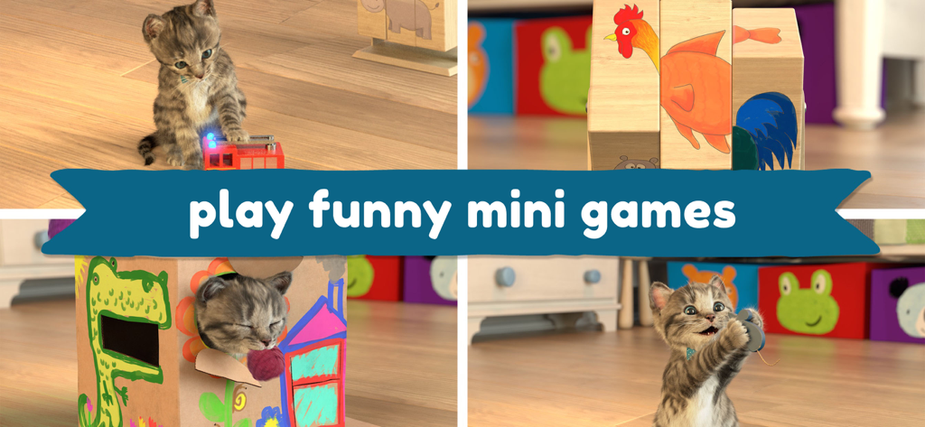 A collage showing a realistic 3D kitten playing various mini games including puzzles and toy mice.