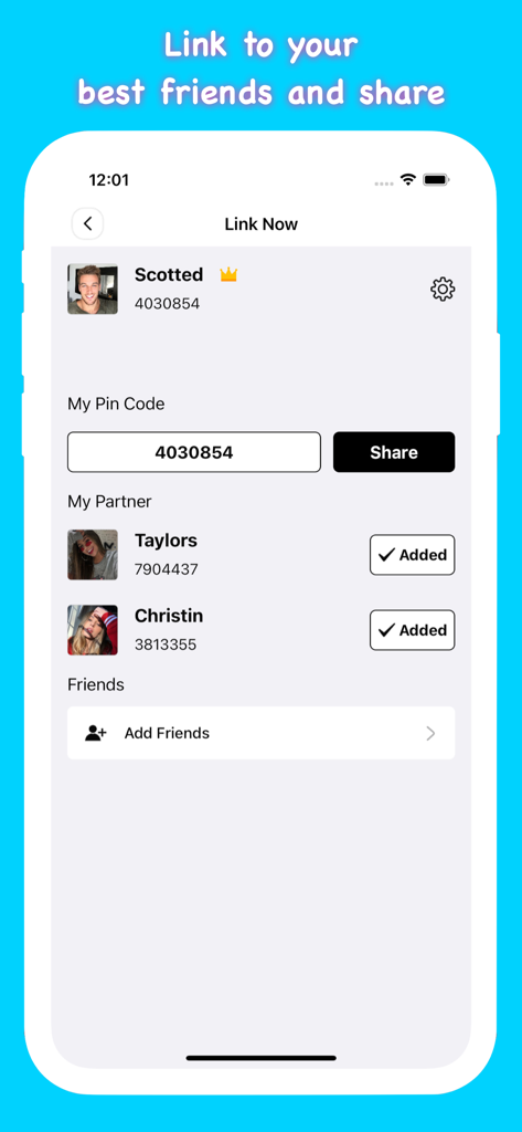 Note Widget - Love Drawing - Interface of Note Widget app showing how to link with best friends and partners using a pin code