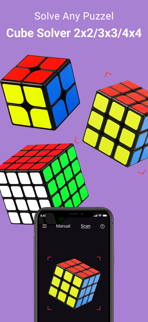 Application Magic Cube AI Solver Pro montrant la numérisation par caméra IA et la prise en charge des cubes 2x2, 3x3 et 4x4
