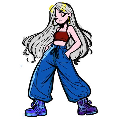 girl in baggy pants crop top and long hair