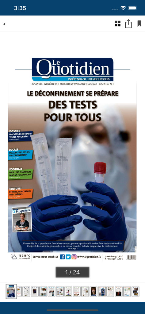 Le Quotidien ePaper - Front page of the Le Quotidien digital newspaper within the ePaper mobile application