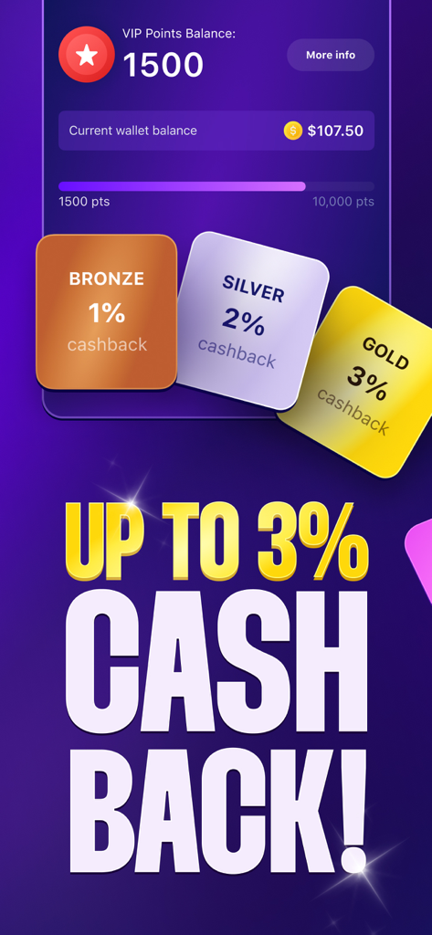 VIPポイントと最大3パーセントまでの階層的なキャッシュバックリワードを示すモバイルアプリインターフェース。