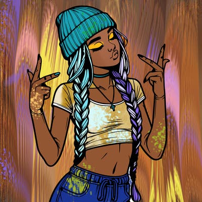realistic teenage girl with braids and a beanie and crop top doing 🫶🏼
